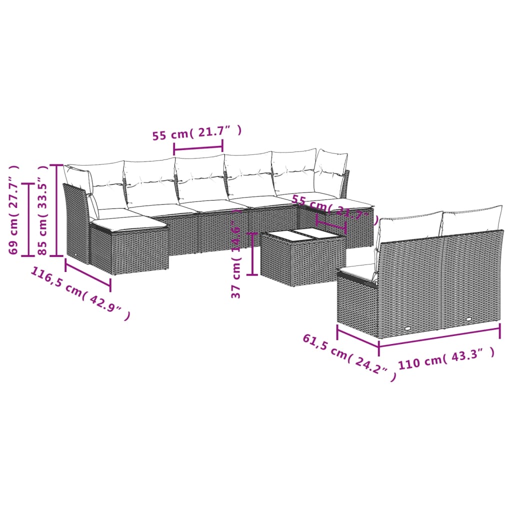 10-delige Loungeset met kussens poly rattan zwart – afbeelding 3