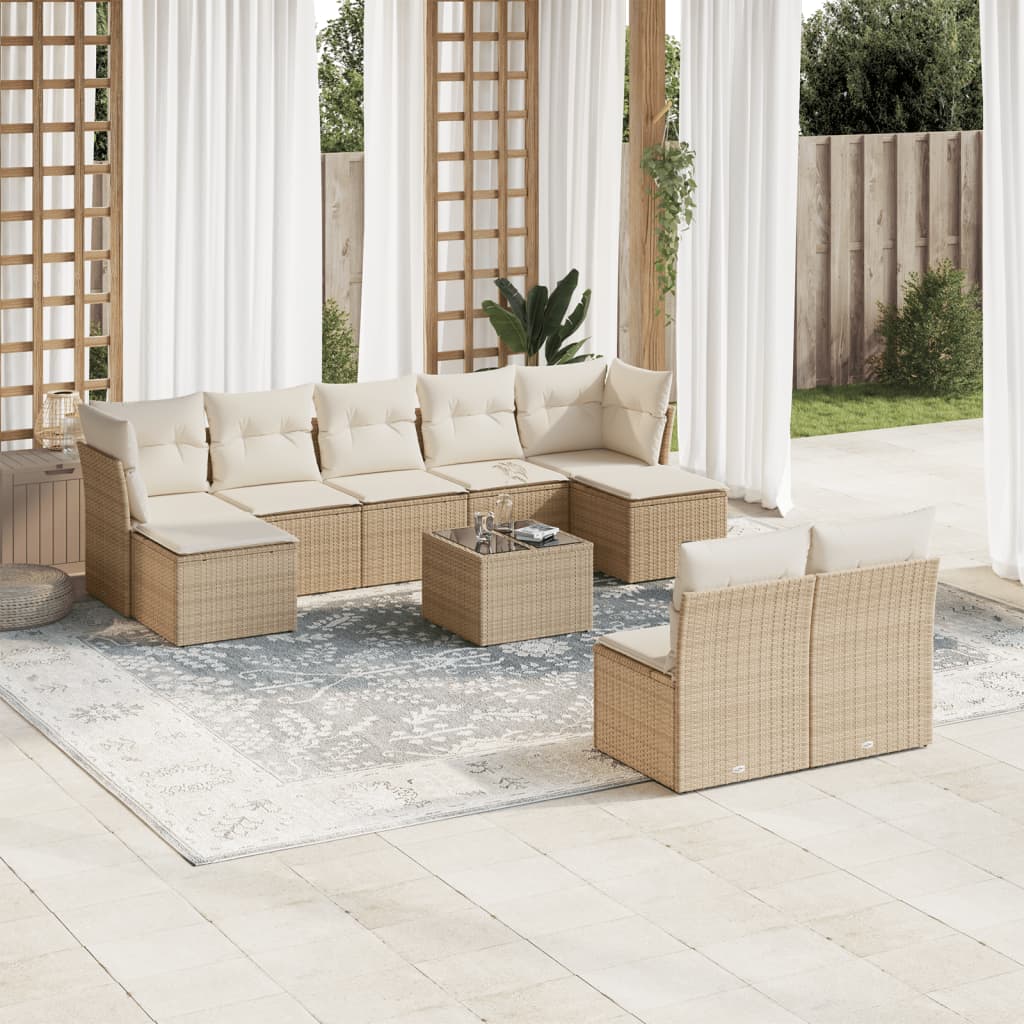 10-delige Loungeset met kussens poly rattan beige – afbeelding 1