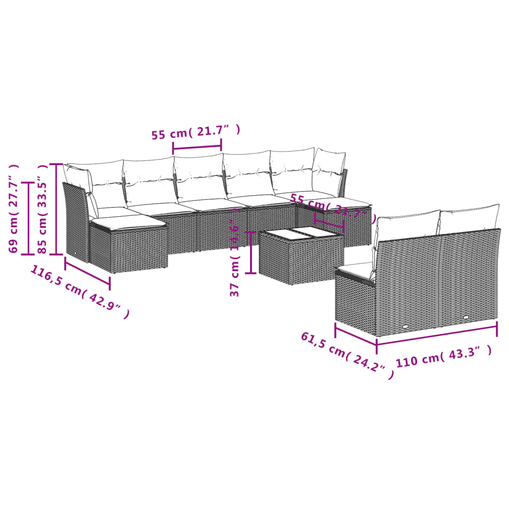 10-delige Loungeset met kussens poly rattan beige – afbeelding 3