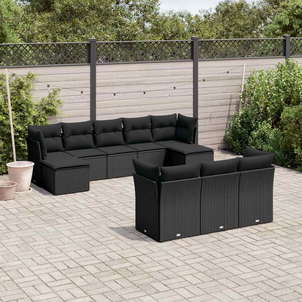 10-delige Loungeset met kussens poly rattan zwart – afbeelding 1