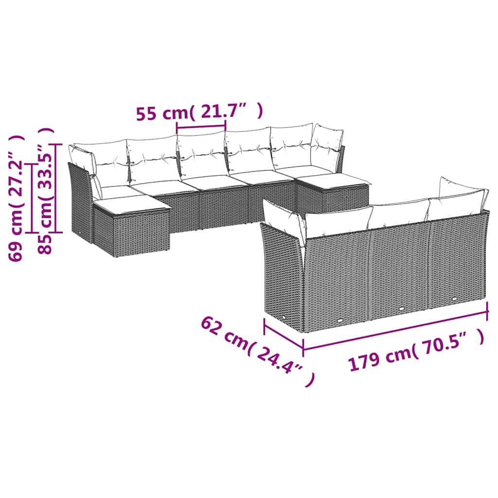 10-delige Loungeset met kussens poly rattan zwart – afbeelding 7