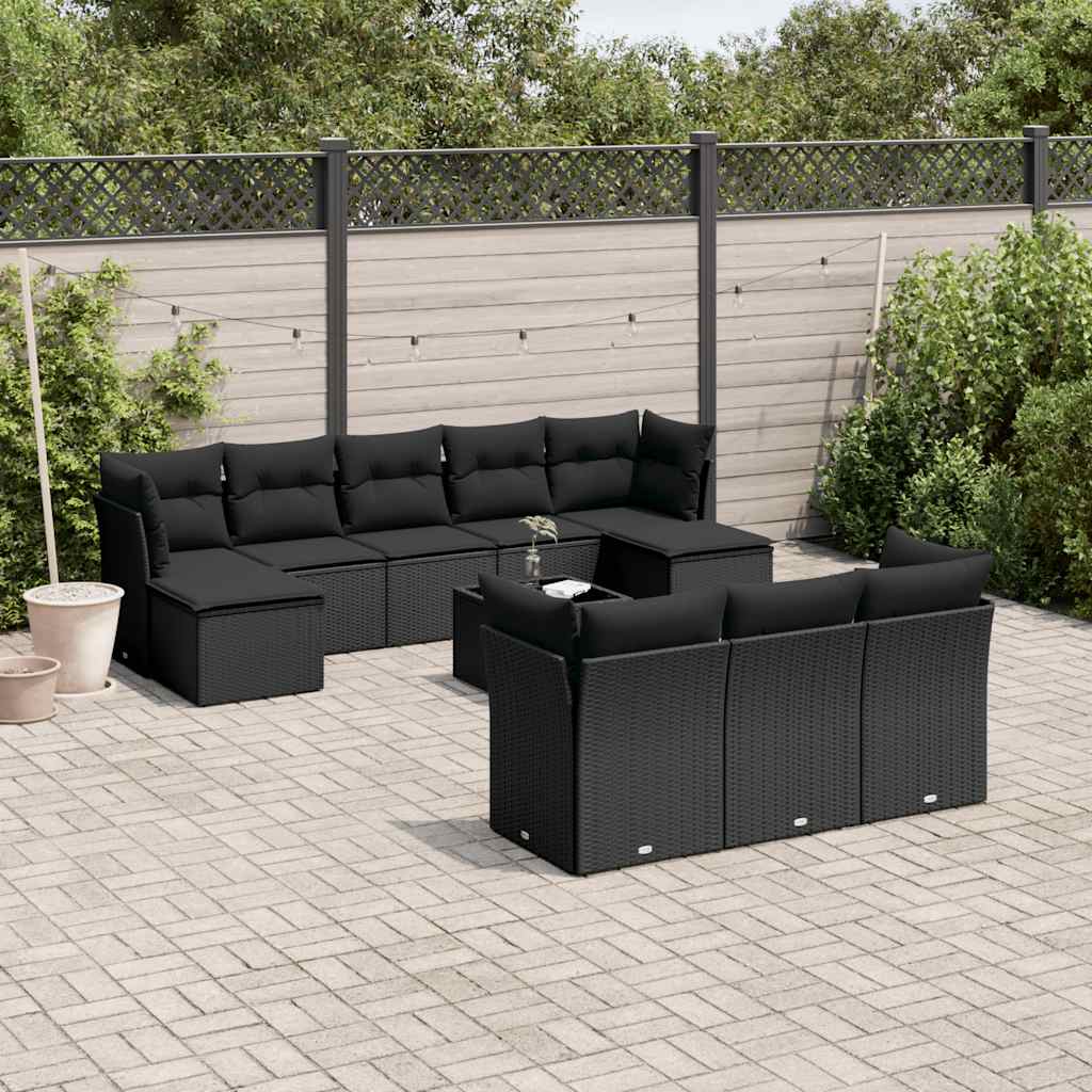 11-delige Loungeset met kussens poly rattan zwart – afbeelding 1