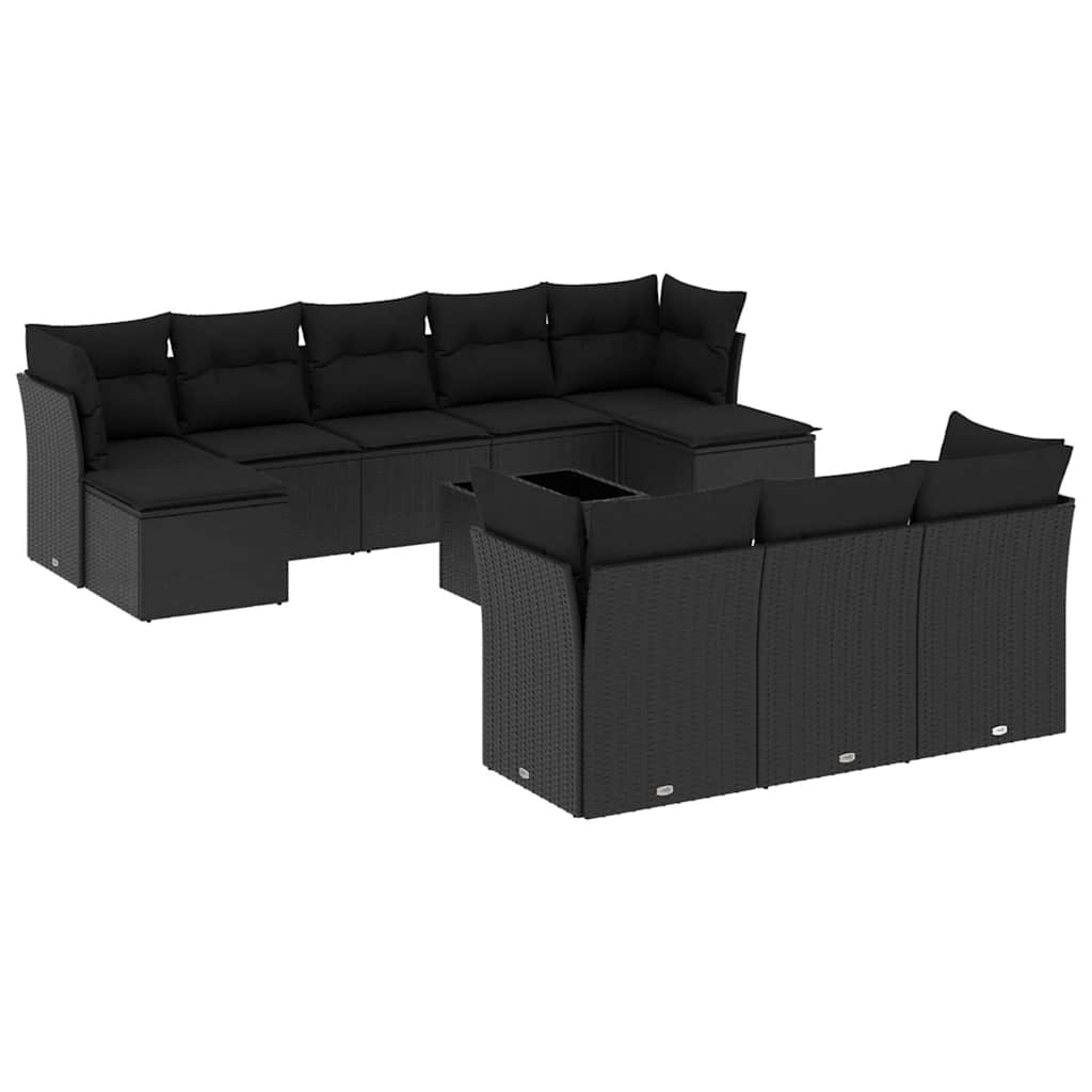 11-delige Loungeset met kussens poly rattan zwart – afbeelding 2