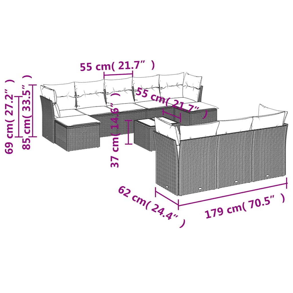 11-delige Loungeset met kussens poly rattan zwart – afbeelding 8