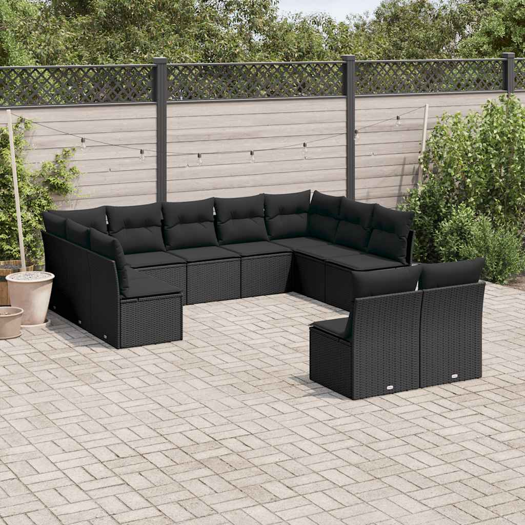 11-delige Loungeset met kussens poly rattan zwart – afbeelding 1