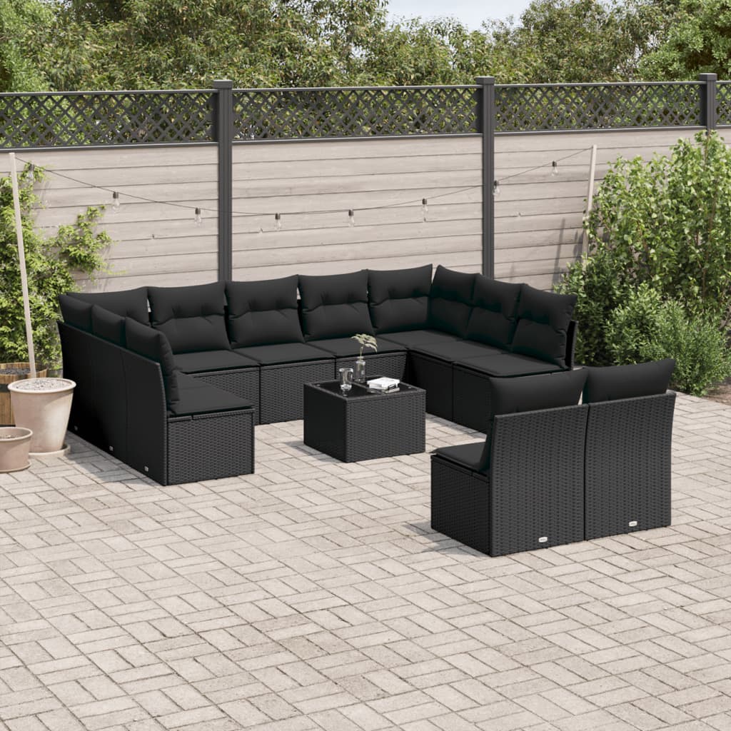 12-delige Loungeset met kussens poly rattan zwart – afbeelding 1