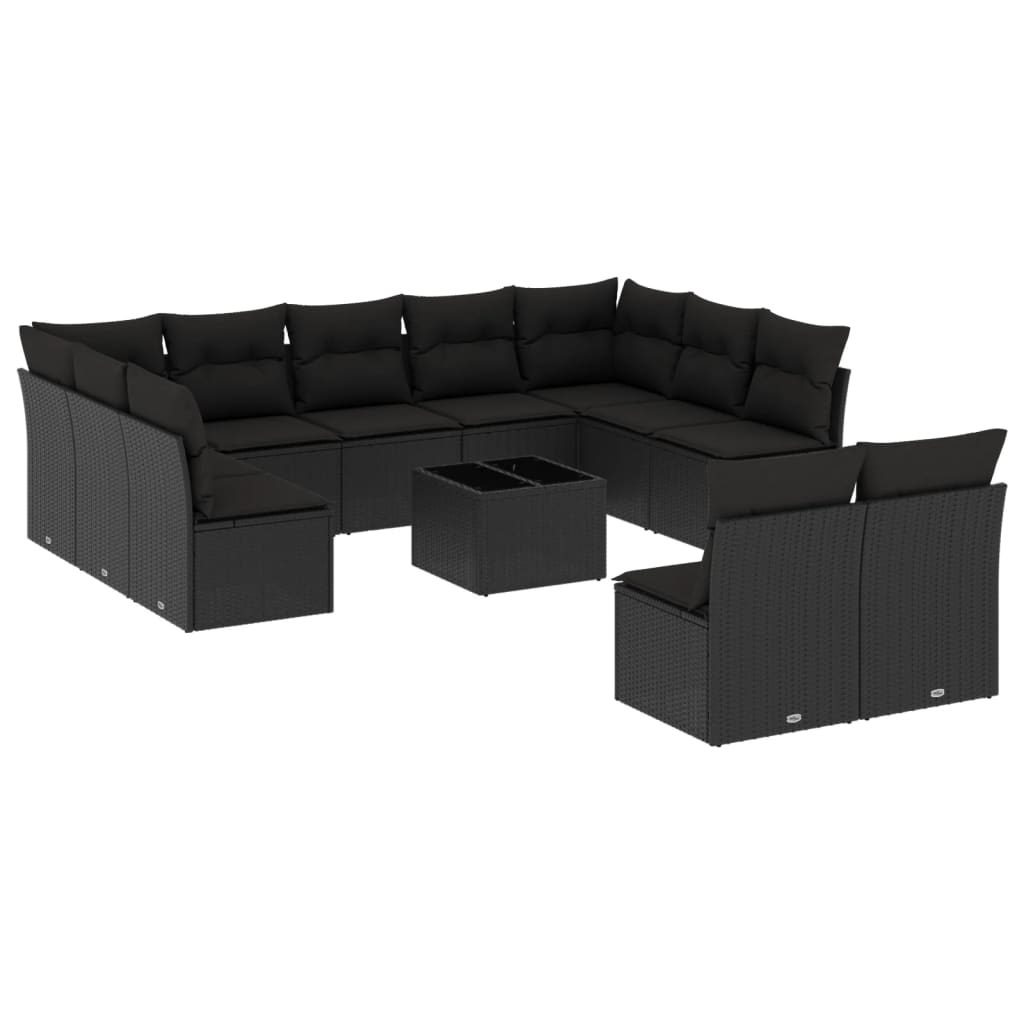 12-delige Loungeset met kussens poly rattan zwart – afbeelding 2