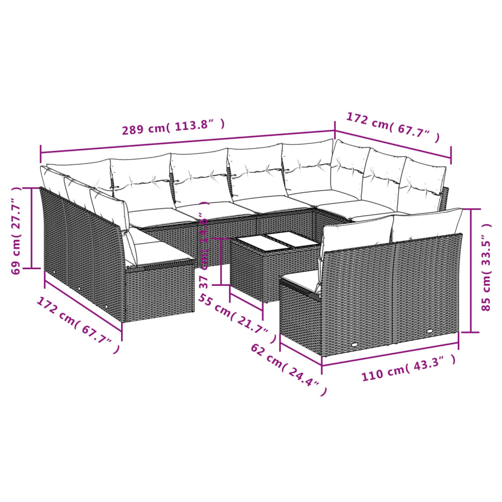 12-delige Loungeset met kussens poly rattan zwart – afbeelding 3
