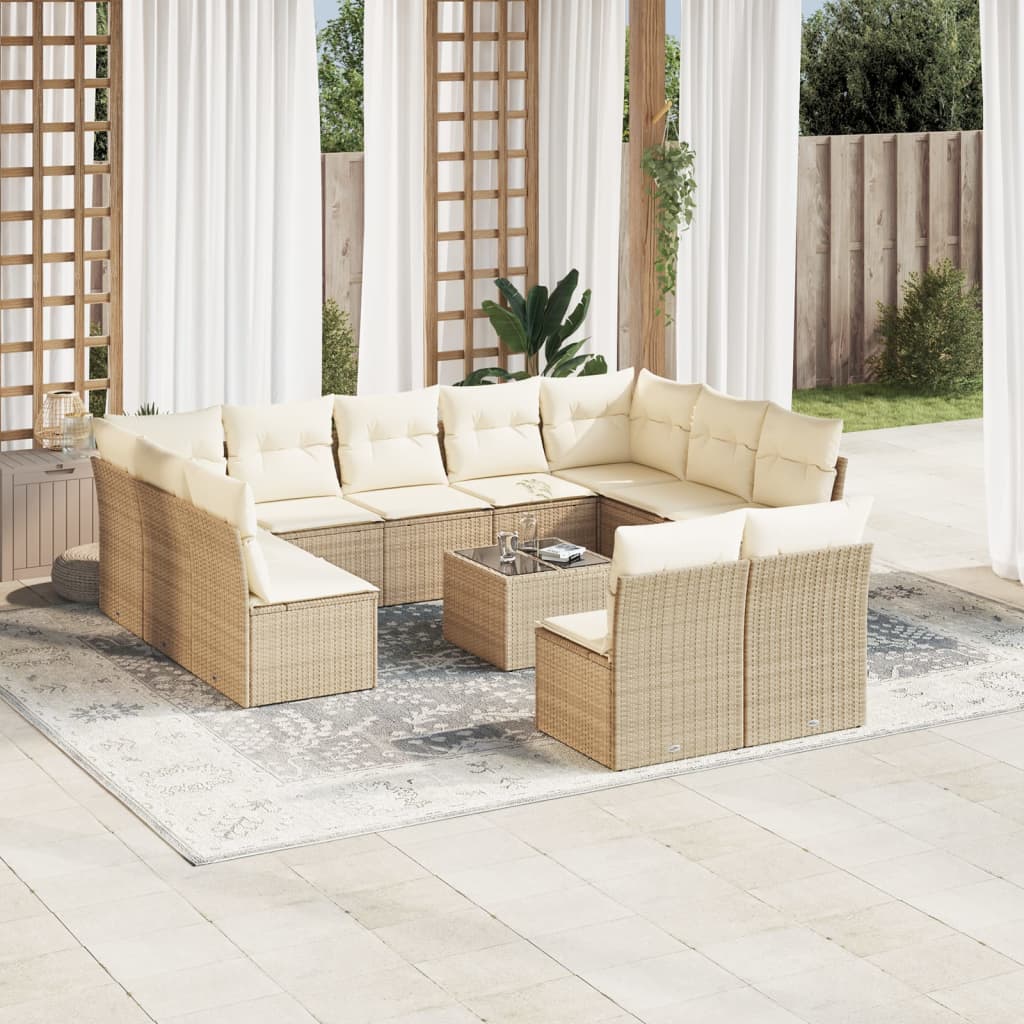 12-delige Loungeset met kussens poly rattan beige – afbeelding 1
