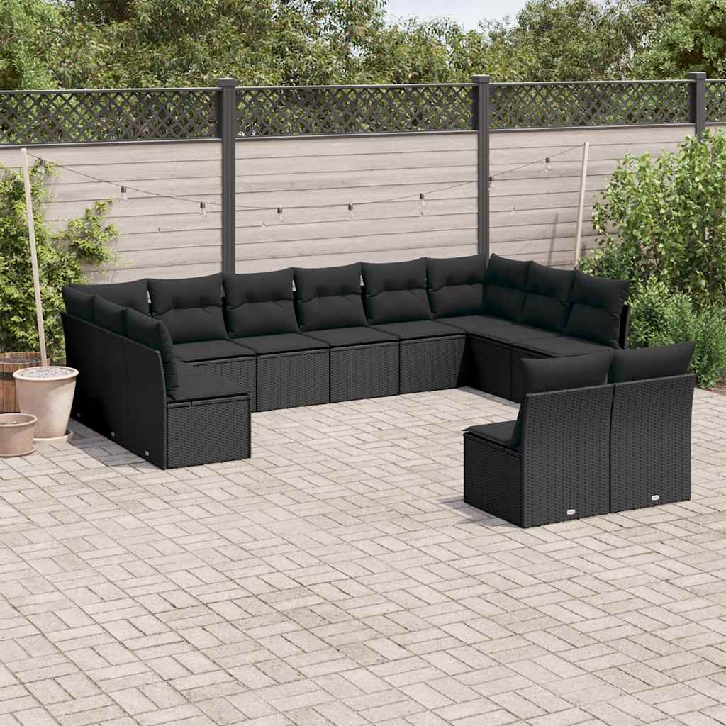 12-delige Loungeset met kussens poly rattan zwart – afbeelding 1
