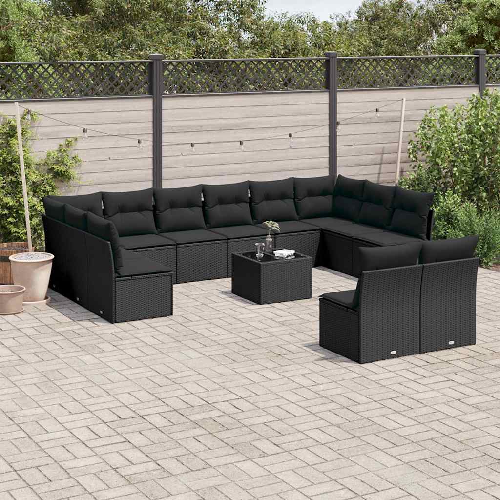 13-delige Loungeset met kussens poly rattan zwart – afbeelding 1