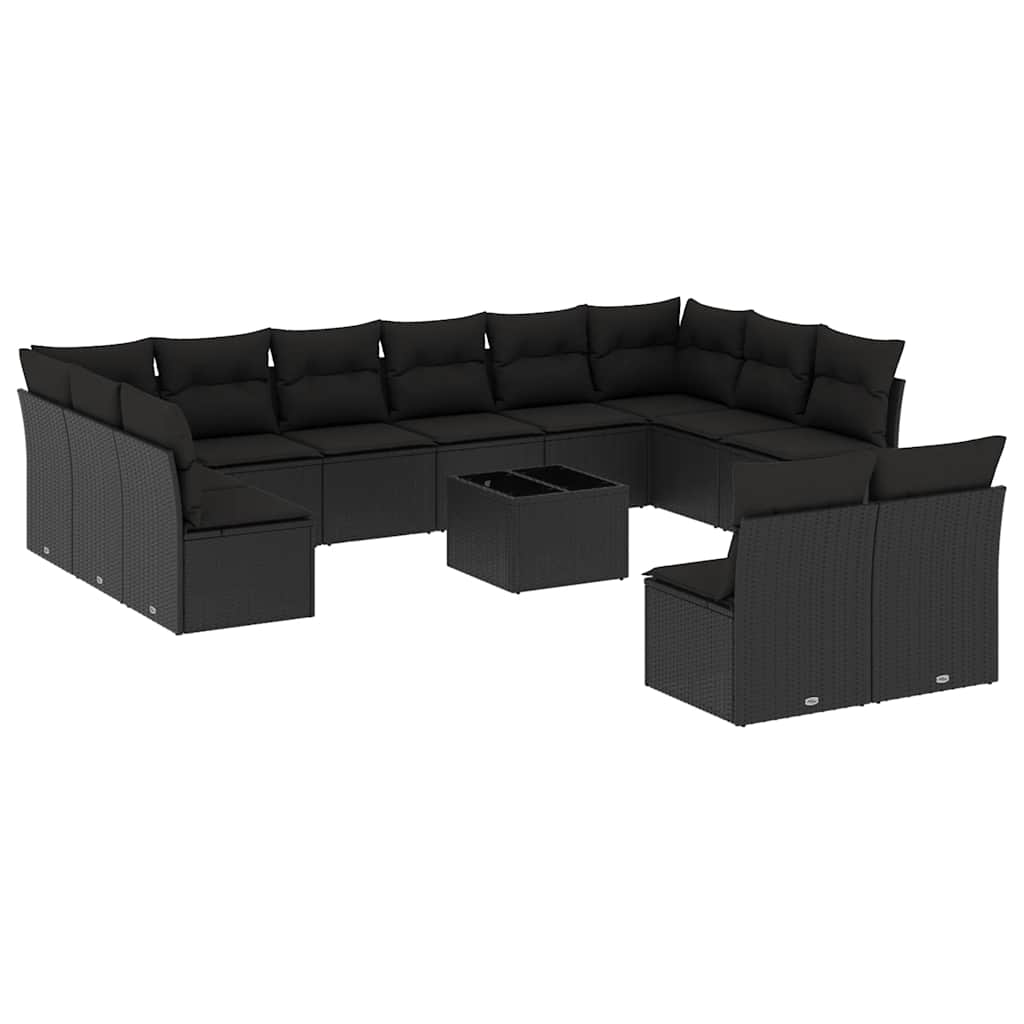 13-delige Loungeset met kussens poly rattan zwart – afbeelding 2