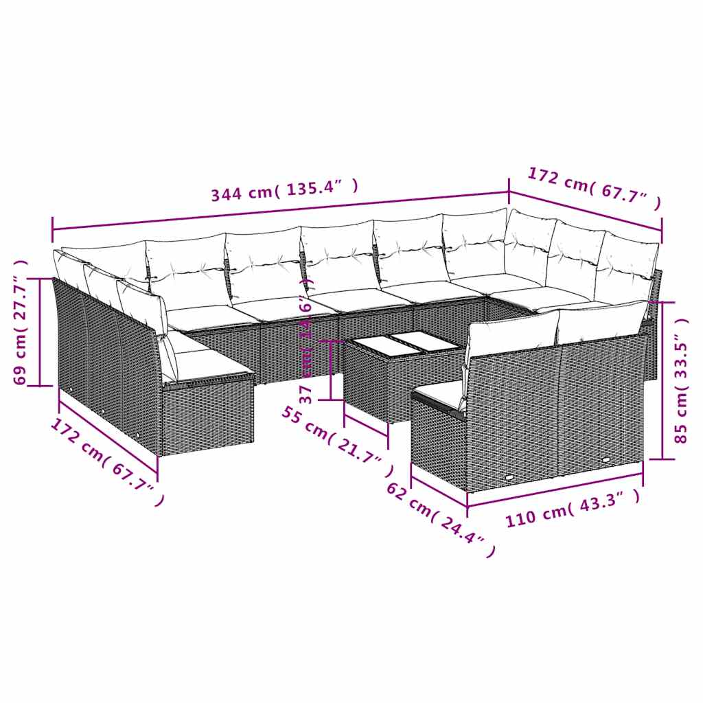 13-delige Loungeset met kussens poly rattan zwart – afbeelding 3