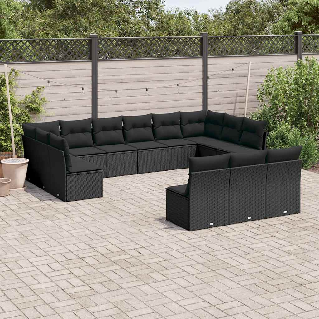 13-delige Loungeset met kussens poly rattan zwart – afbeelding 1