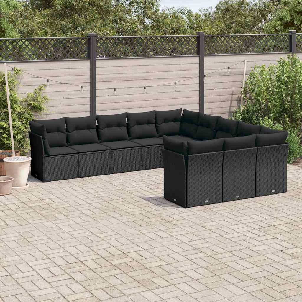11-delige Loungeset met kussens poly rattan zwart – afbeelding 1