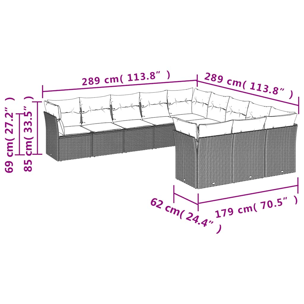 11-delige Loungeset met kussens poly rattan zwart – afbeelding 6