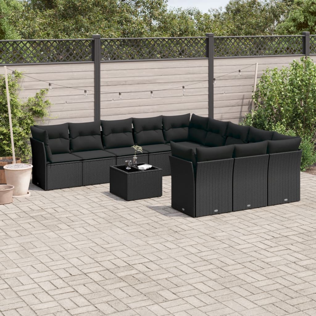 12-delige Loungeset met kussens poly rattan zwart – afbeelding 1