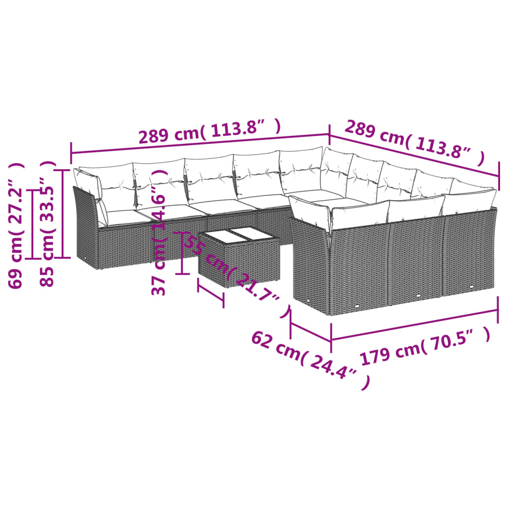 12-delige Loungeset met kussens poly rattan zwart – afbeelding 3