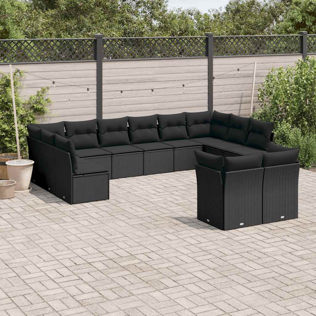 12-delige Loungeset met kussens poly rattan zwart – afbeelding 1