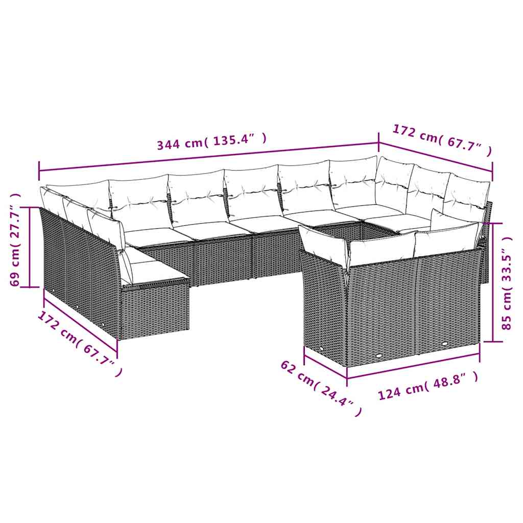 12-delige Loungeset met kussens poly rattan zwart – afbeelding 3
