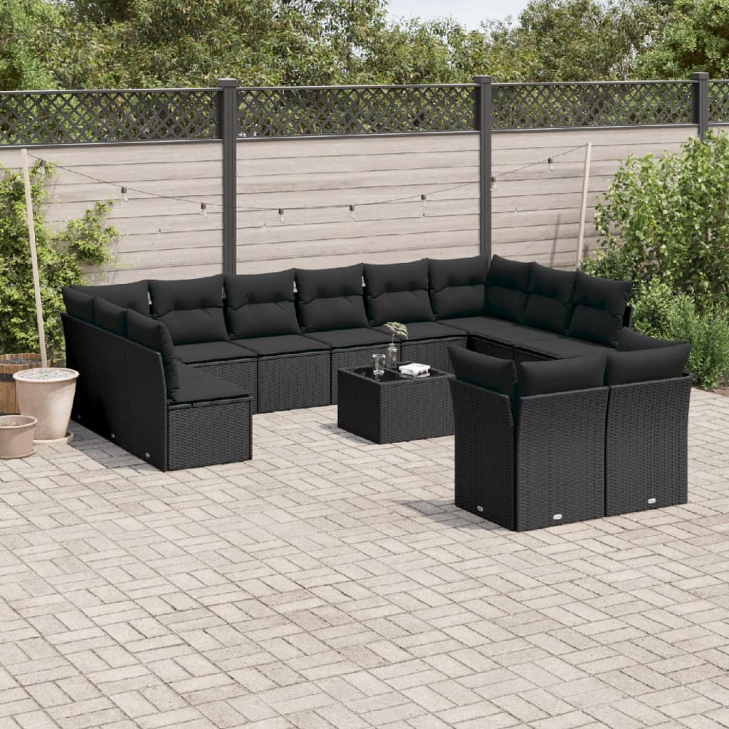 13-delige Loungeset met kussens poly rattan zwart – afbeelding 1