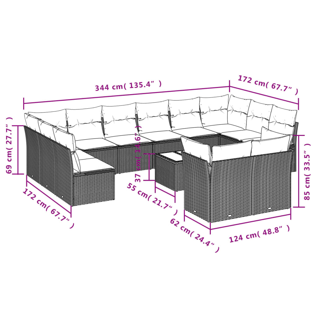 13-delige Loungeset met kussens poly rattan zwart – afbeelding 3