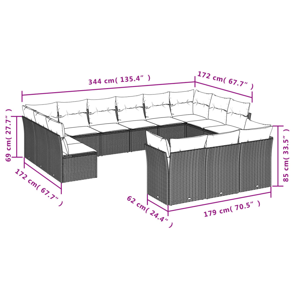 13-delige Loungeset met kussens poly rattan beige – afbeelding 3