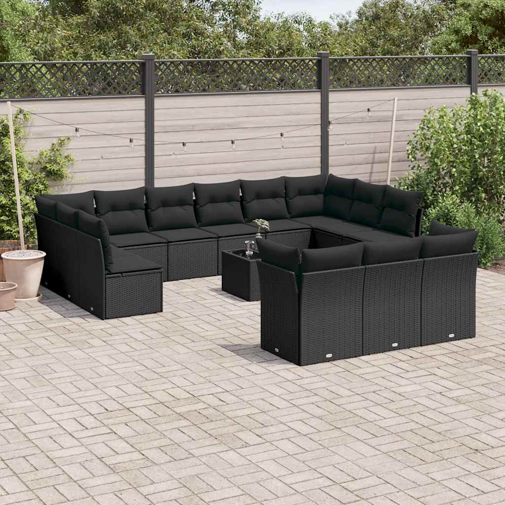 14-delige Loungeset met kussens poly rattan zwart – afbeelding 1