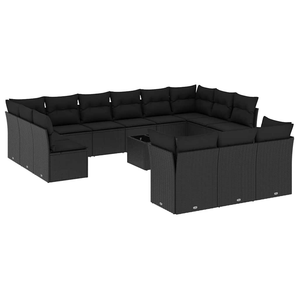 14-delige Loungeset met kussens poly rattan zwart – afbeelding 2