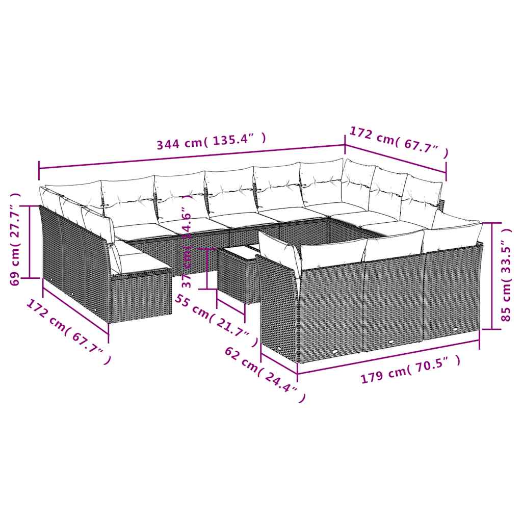 14-delige Loungeset met kussens poly rattan zwart – afbeelding 3