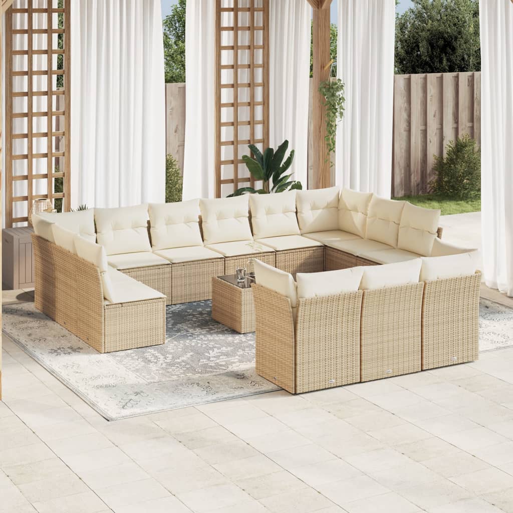 14-delige Loungeset met kussens poly rattan beige – afbeelding 1