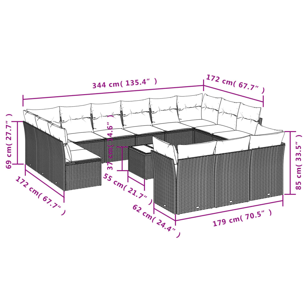 14-delige Loungeset met kussens poly rattan beige – afbeelding 3