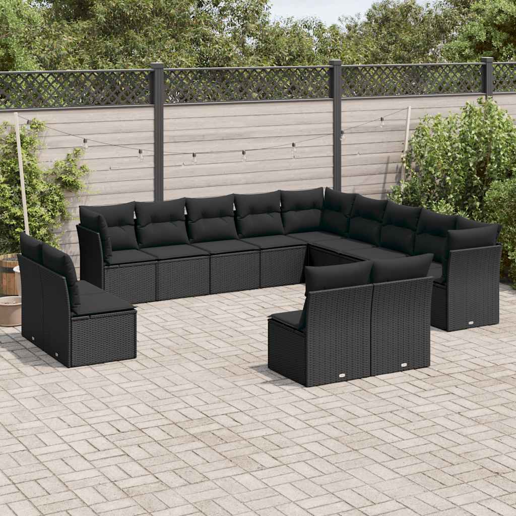 13-delige Loungeset met kussens poly rattan zwart – afbeelding 1