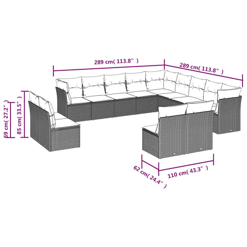 13-delige Loungeset met kussens poly rattan zwart – afbeelding 6