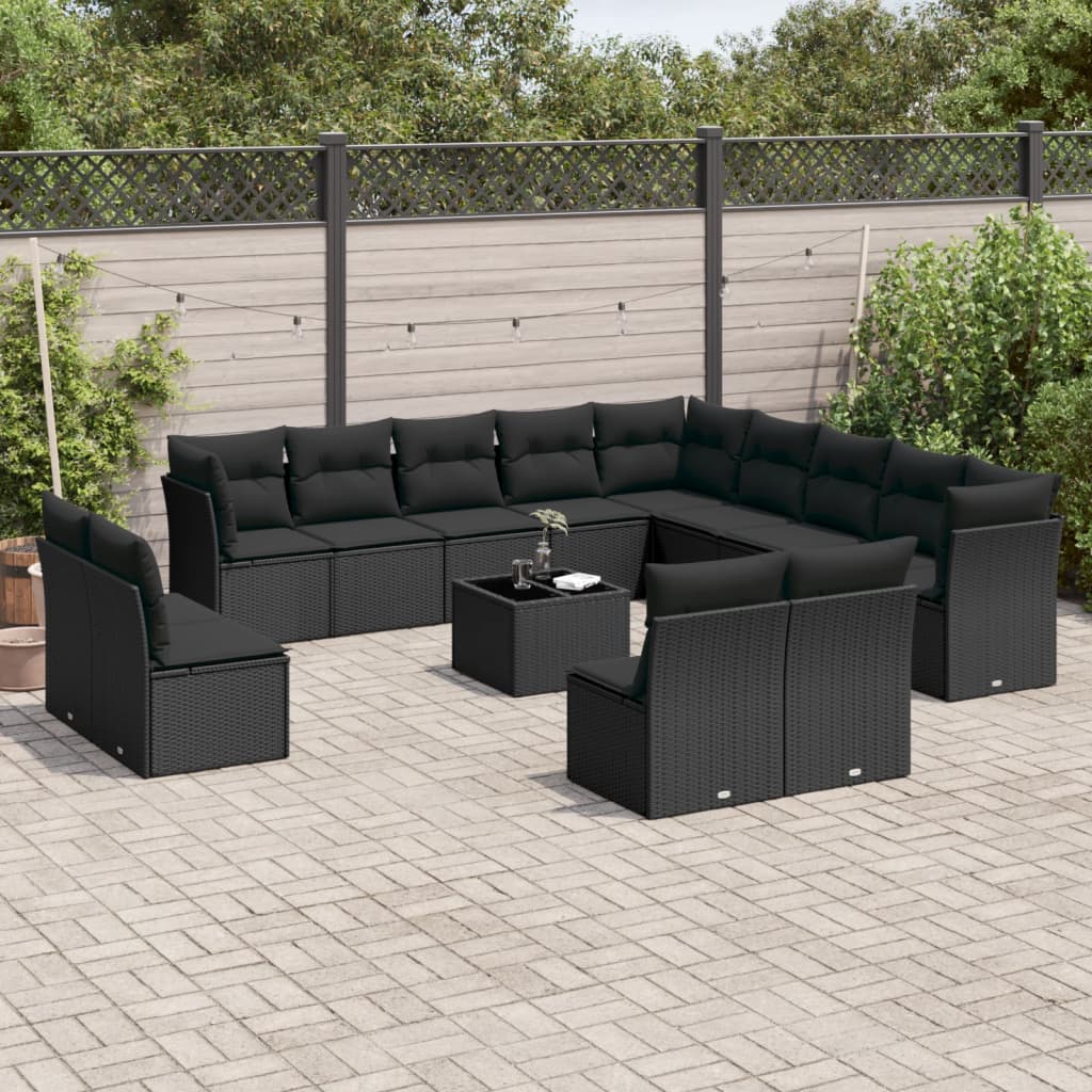 14-delige Loungeset met kussens poly rattan zwart – afbeelding 1