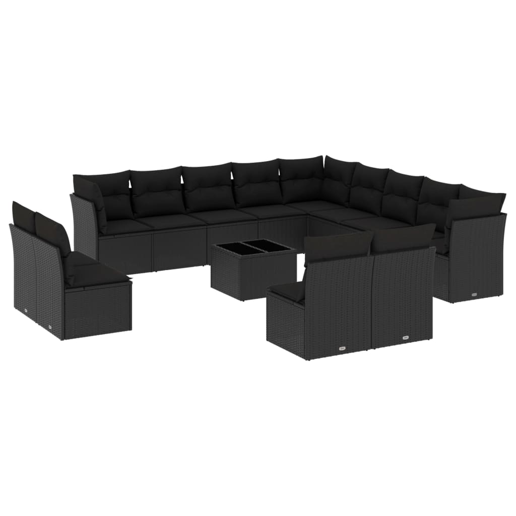 14-delige Loungeset met kussens poly rattan zwart – afbeelding 2