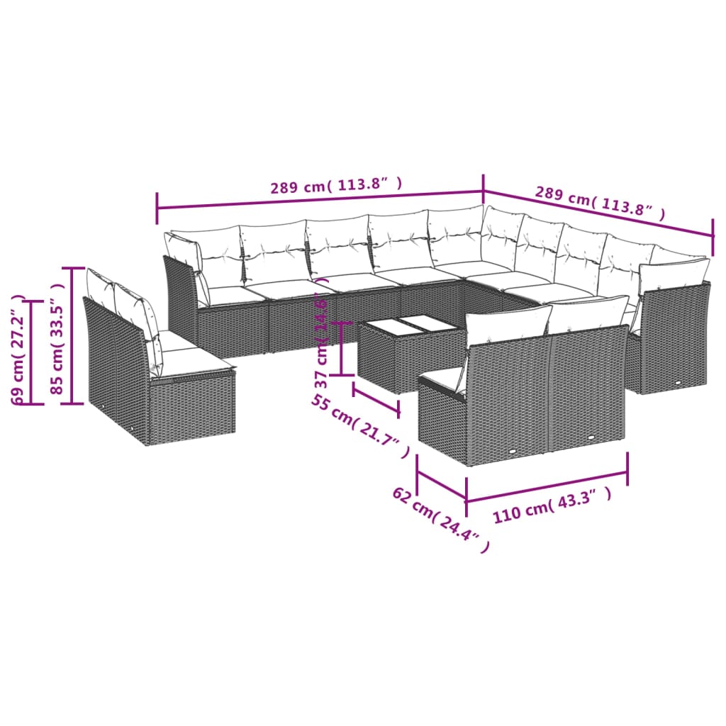 14-delige Loungeset met kussens poly rattan zwart – afbeelding 7
