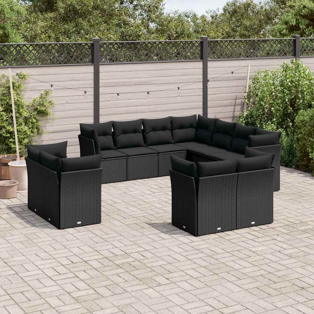 11-delige Loungeset met kussens poly rattan zwart – afbeelding 1