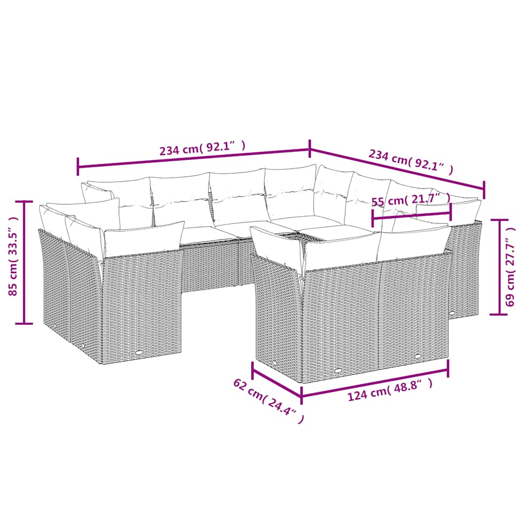 11-delige Loungeset met kussens poly rattan zwart – afbeelding 6