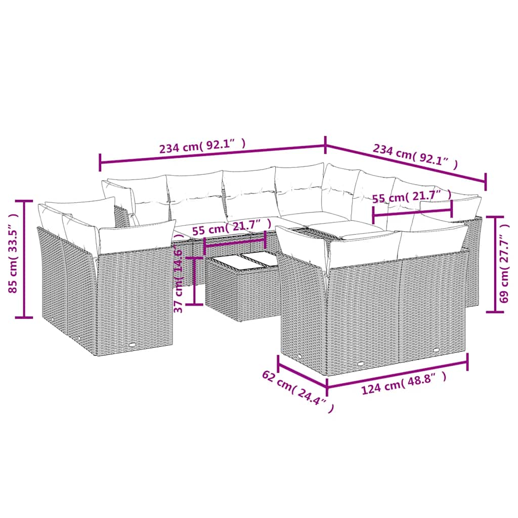 12-delige Loungeset met kussens poly rattan zwart – afbeelding 3