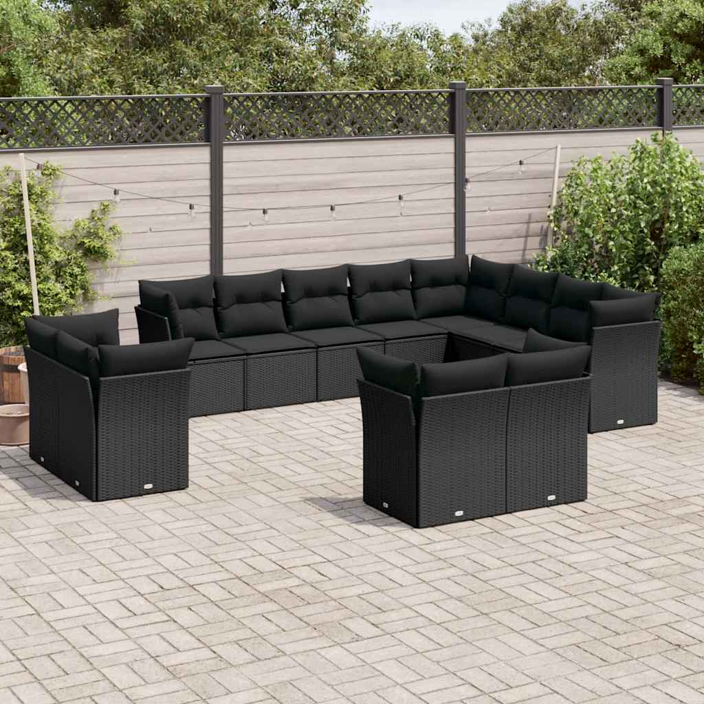 12-delige Loungeset met kussens poly rattan zwart – afbeelding 1