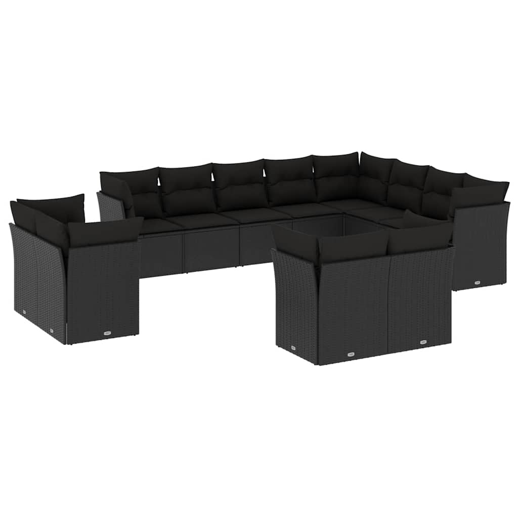 12-delige Loungeset met kussens poly rattan zwart – afbeelding 2