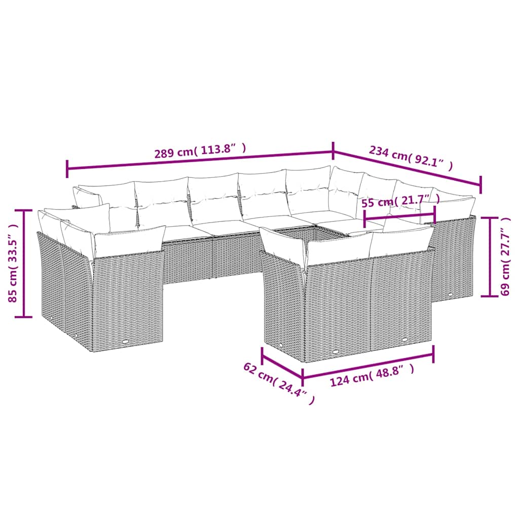 12-delige Loungeset met kussens poly rattan zwart – afbeelding 3