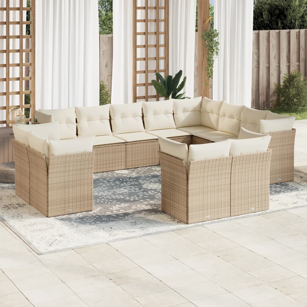 12-delige Loungeset met kussens poly rattan beige – afbeelding 1
