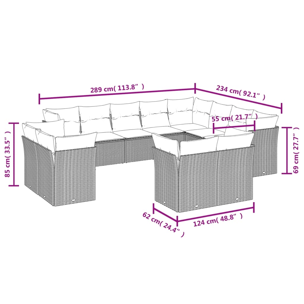 12-delige Loungeset met kussens poly rattan beige – afbeelding 3