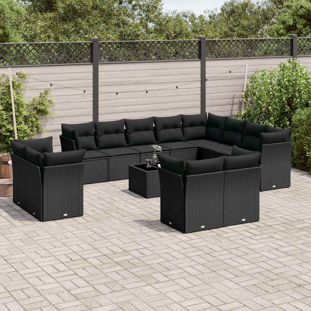 13-delige Loungeset met kussens poly rattan zwart – afbeelding 1