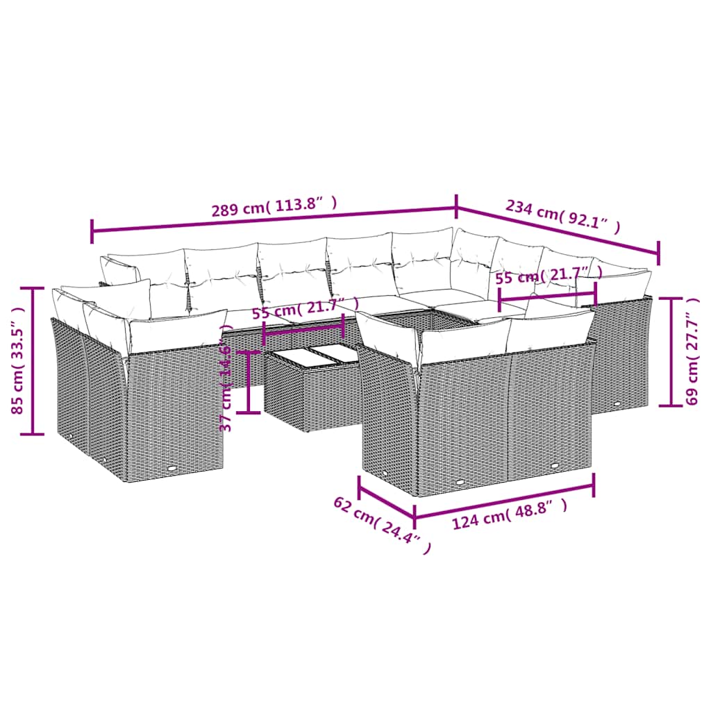 13-delige Loungeset met kussens poly rattan zwart – afbeelding 3