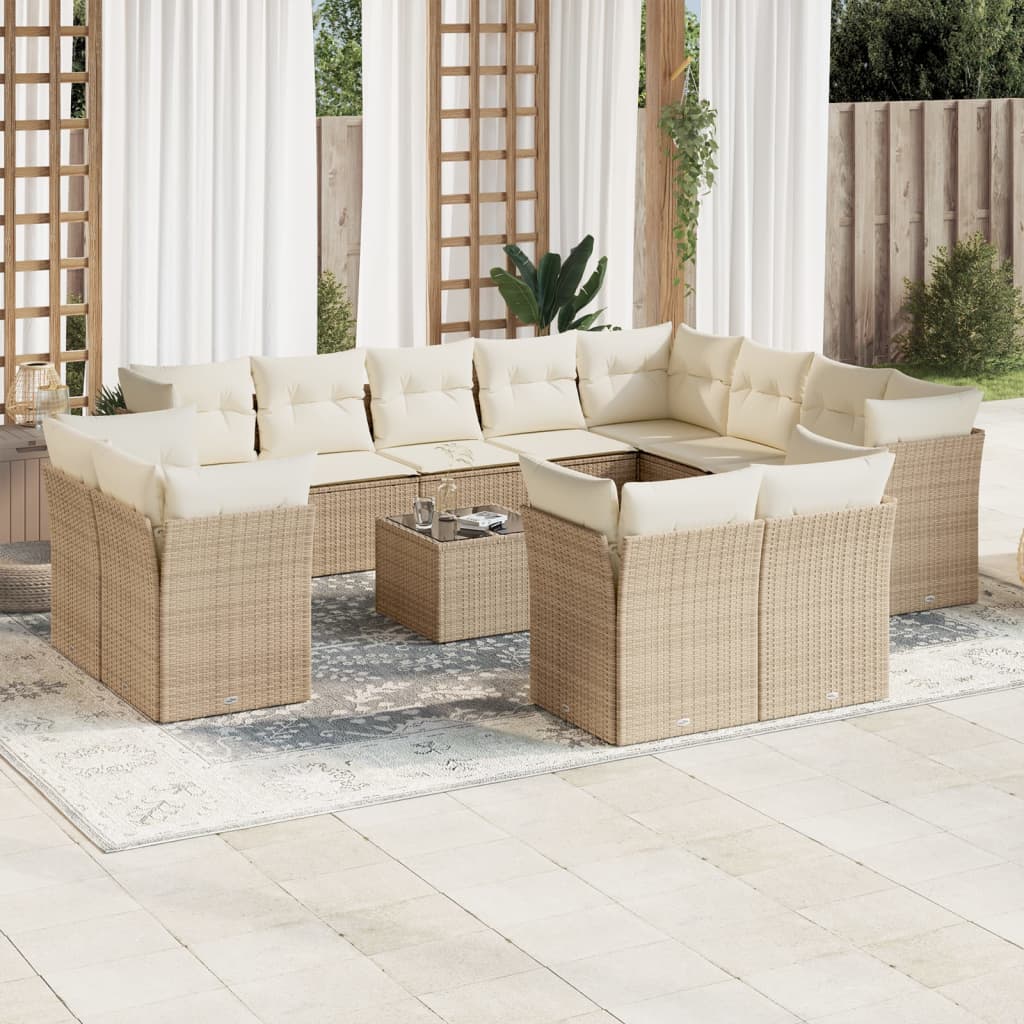 13-delige Loungeset met kussens poly rattan beige – afbeelding 1