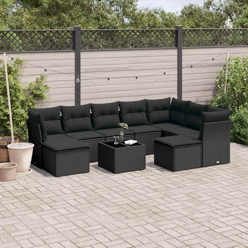 10-delige Loungeset met kussens poly rattan zwart – afbeelding 1