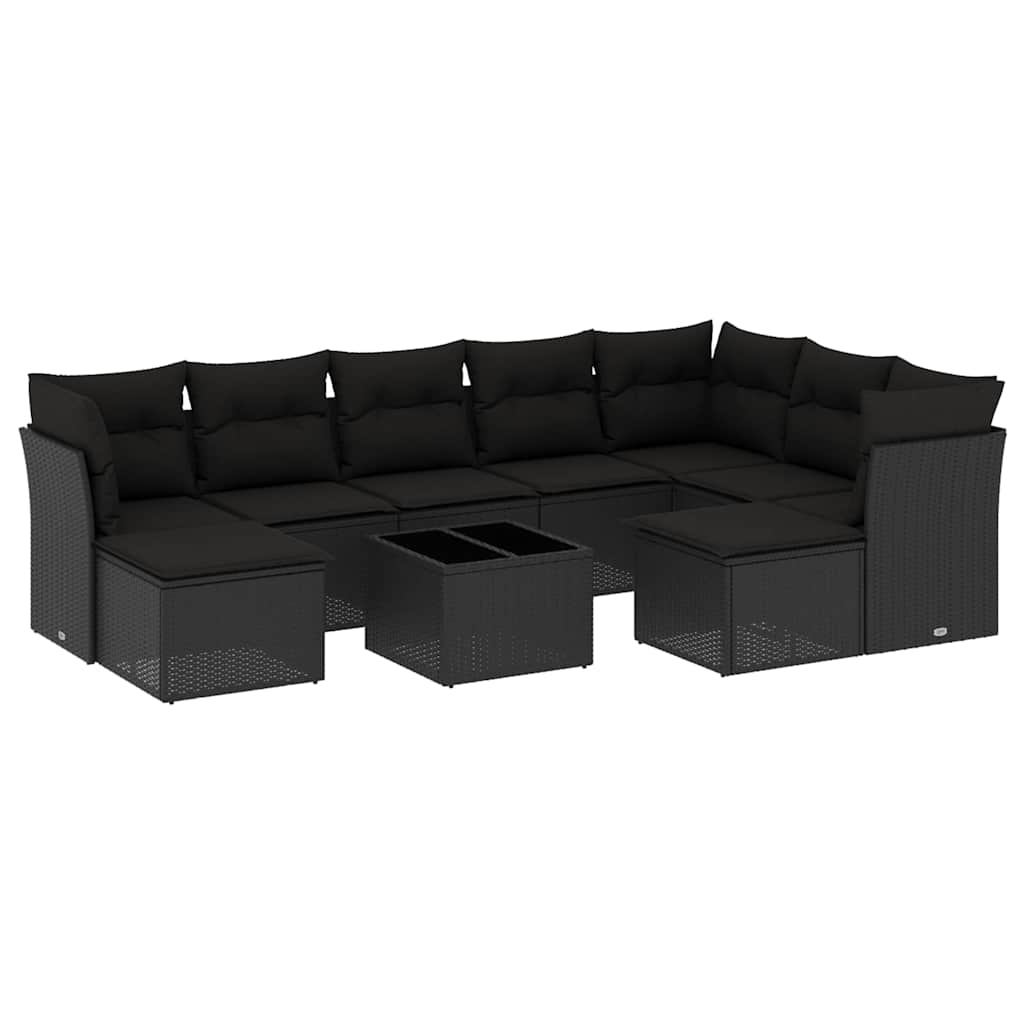 10-delige Loungeset met kussens poly rattan zwart – afbeelding 2